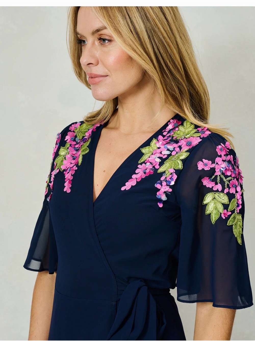 Floral-Embroidered Navy Maxi Wrap Dress with Tie Waist - Picture 6 of 8